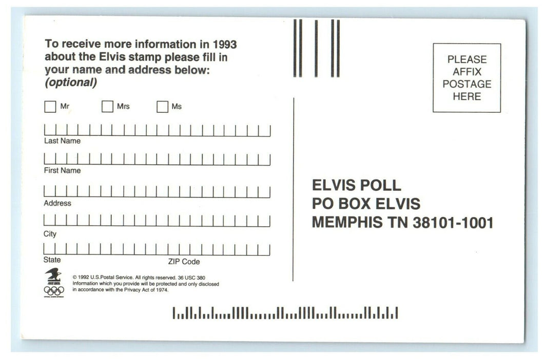 1993 Elvis Rock & Roll Singer Official Ballot Memphis TN Advertising Postcard