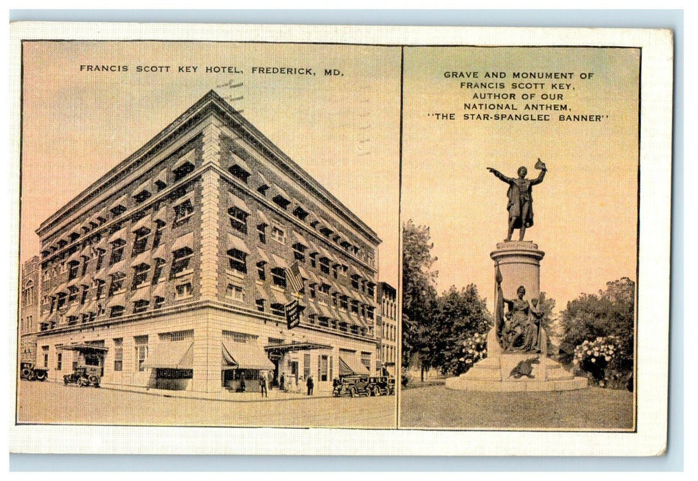 1937 Francis Scott Key Hotel Grave Monument Frederick Maryland MD Postcard
