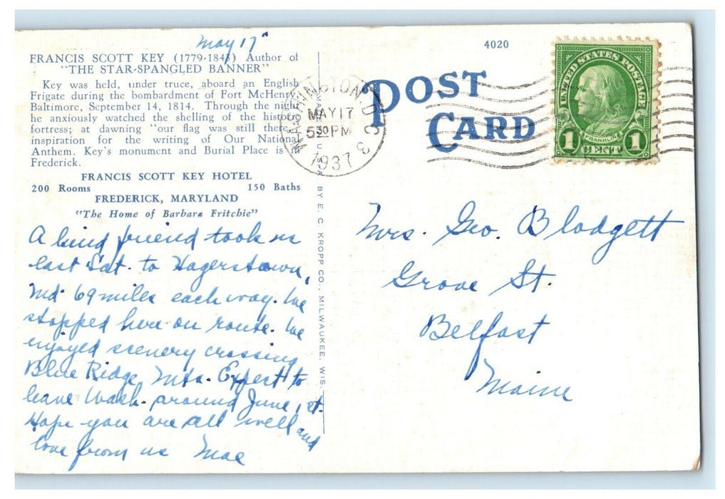 1937 Francis Scott Key Hotel Grave Monument Frederick Maryland MD Postcard