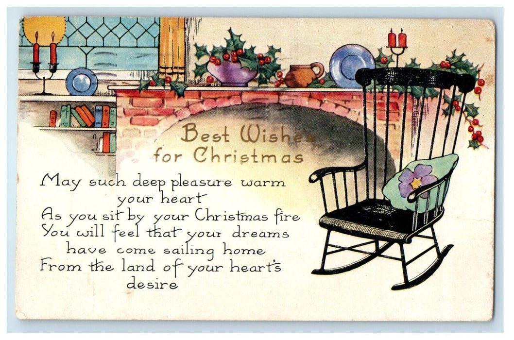 1925 Christmas Poem Windsor Rocking Chair Holly Fireplace Embossed Postcard