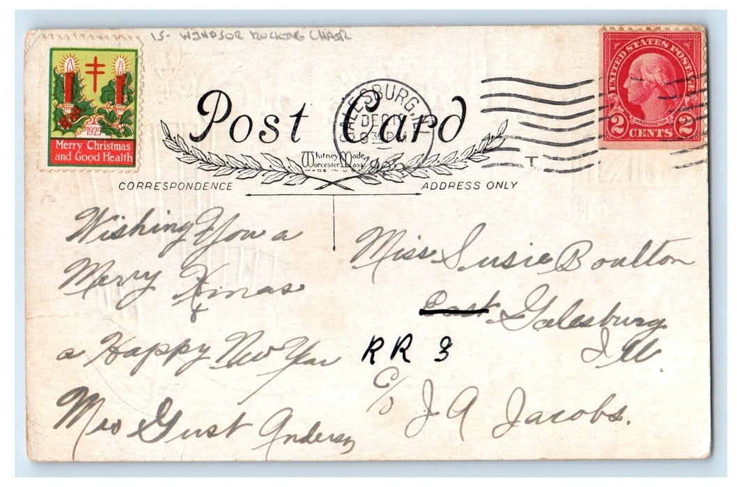 1925 Christmas Poem Windsor Rocking Chair Holly Fireplace Embossed Postcard