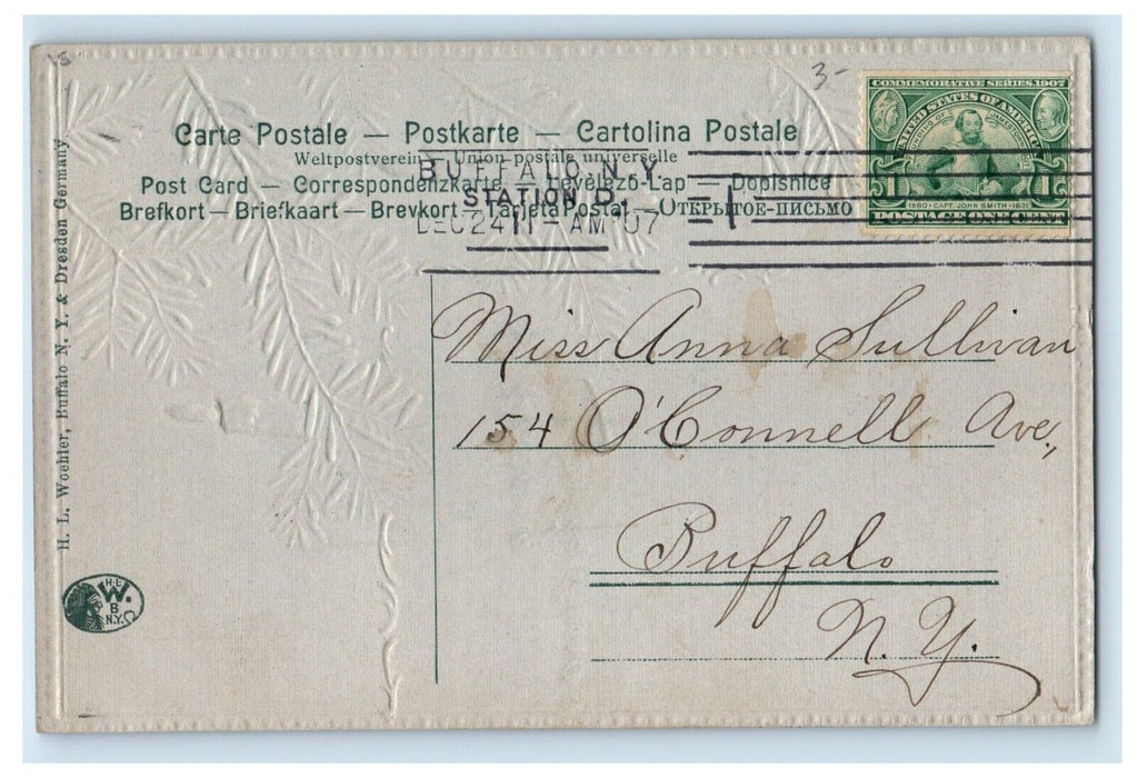 1907 Merry Christmas Pine Candles Embossed Posted Antique Postcard