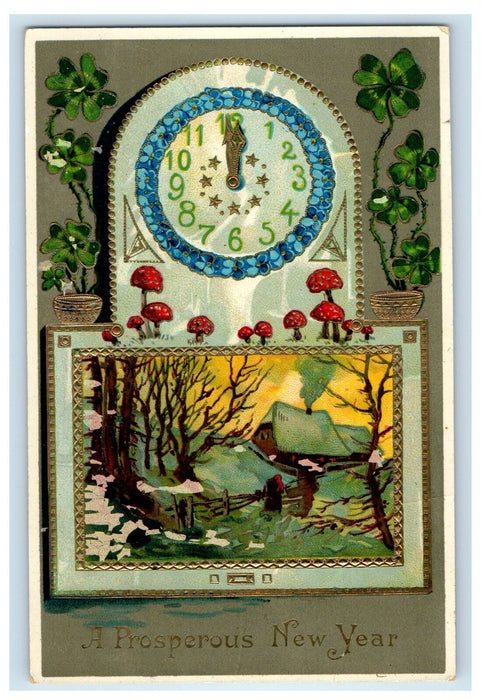 1910 Prosperous New Year Clock Shamrock Gel Gold Gilt Embossed Antique Postcard