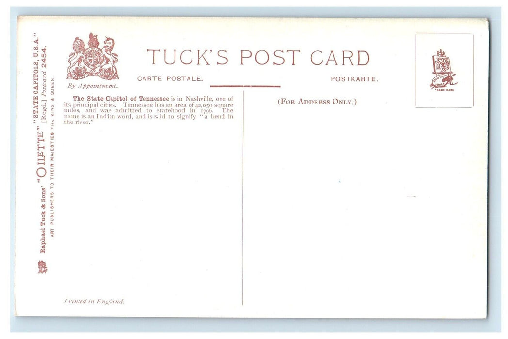 c1910's The Tennessee State Capitol Nashville TN Tuck's Oilette Antique Postcard