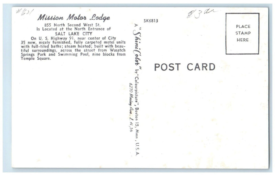 c1950's Mission Motor Lodge Motel Roadside Salt Lake City Utah UT Postcard