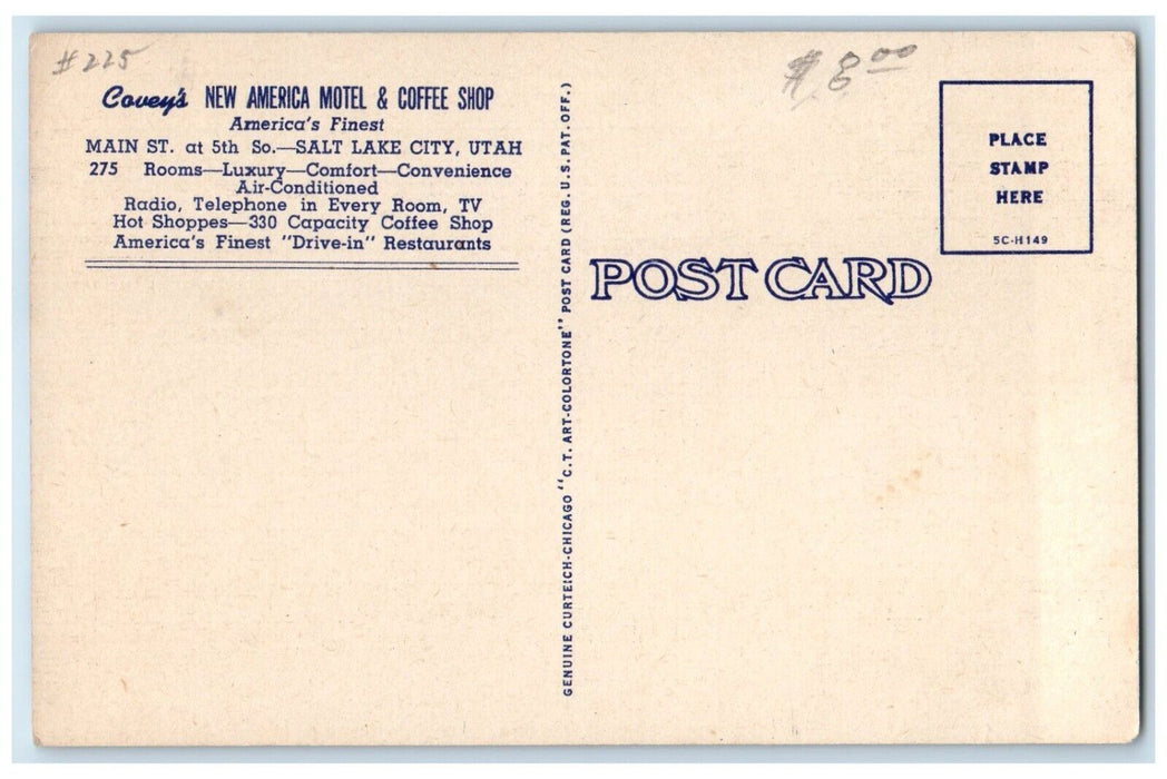 c1940's Covey's New America Motel And Coffee Shop Salt Lake City UT Postcard