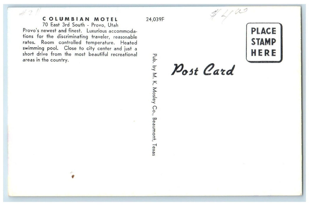 c1950's Columbian Motel Roadside Cars Swimming Pool Provo Utah UT Postcard