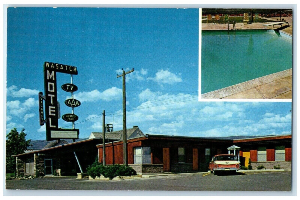 c1950's Wasatch Motel Car Roadside Pool View Heber City Utah UT Vintage Postcard