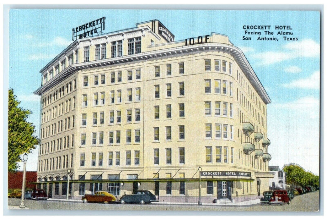 c1960's Crockett Hotel Building Cars Facing Alamo San Antonio Texas TX Postcard