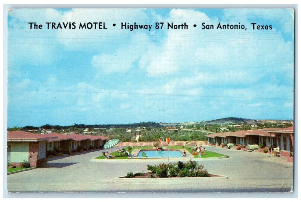 1958 The Travis Motel Highway 87 Swimming Pool North San Antonio TX Postcard