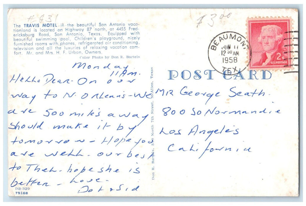 1958 The Travis Motel Highway 87 Swimming Pool North San Antonio TX Postcard