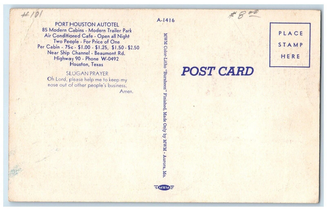 Port Houston Autotel 85 Modern Cabins Interior Cafe Houston Texas TX Postcard