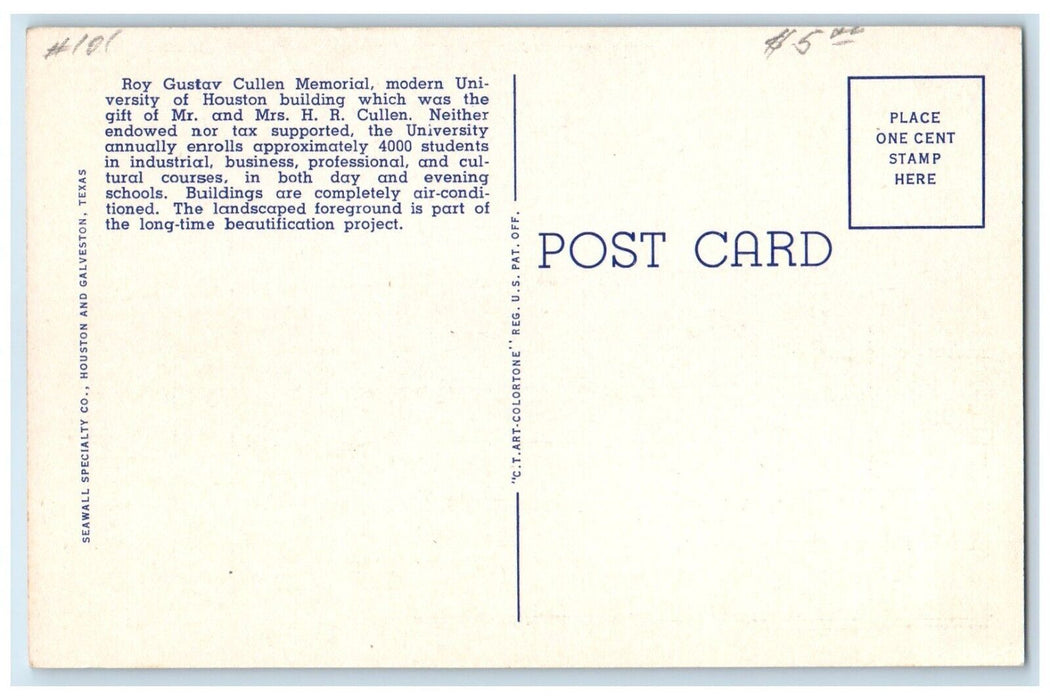 c1930's Houston TX, Roy Gustav Cullen Memorial University Of Houston Postcard