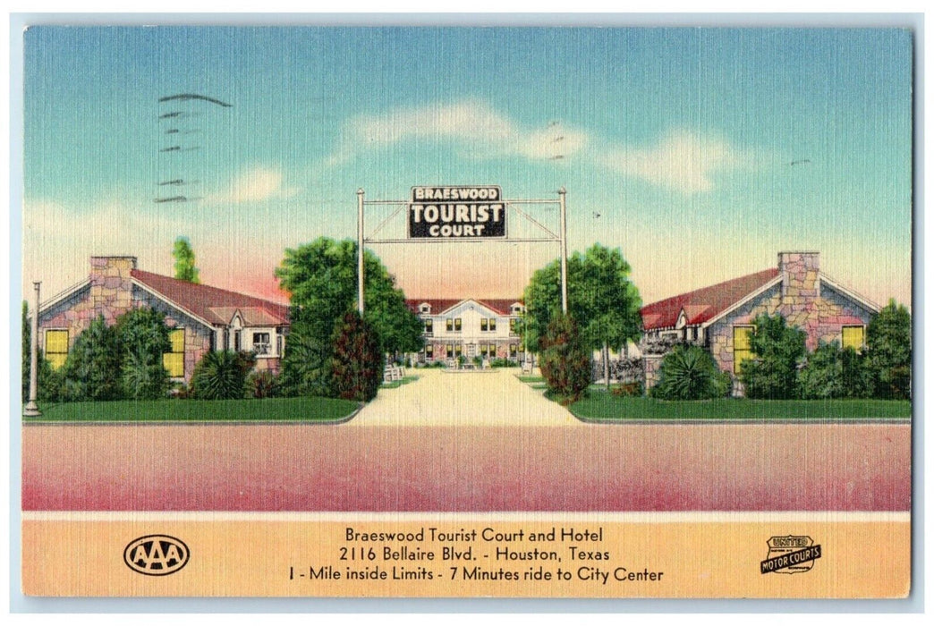 1944 Braeswood Tourist Court And Hotel Roadside Houston Texas TX Posted Postcard