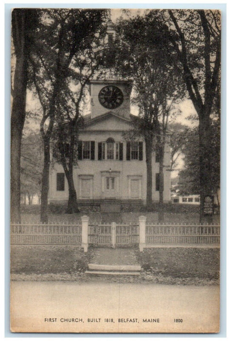 c1910 Exterior View Entrance First Church Built 1818 Belfast Maine ME Postcard