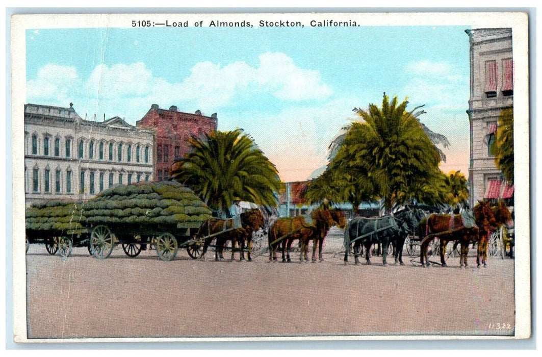 c1910's Load Of Almonds Horses Stockton California CA Unposted Antique Postcard