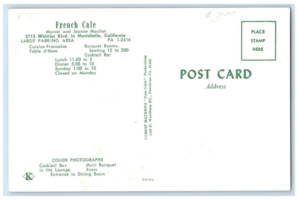 c1960's French Cafe Marcel And Jeanne Mouliot Montebello California CA Postcard