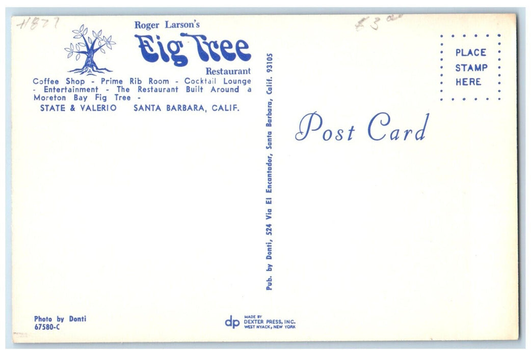 c1930's The Fig Tree Restaurant Coffee Shop Santa Barbara California CA Postcard