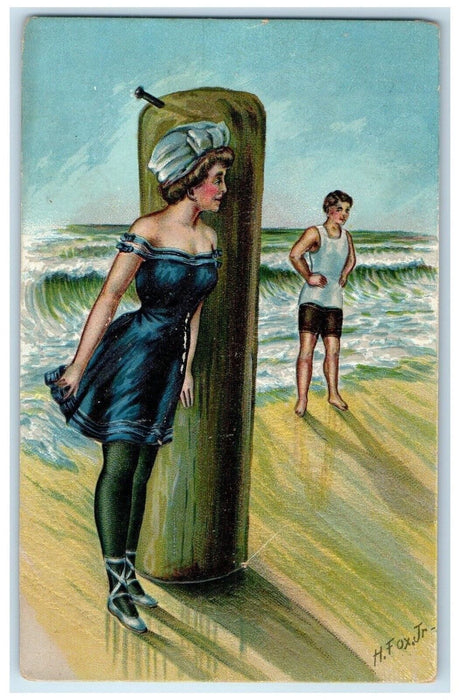 c1910's Couple Hiding Romance At The Beach Embossed Unposted Antique Postcard