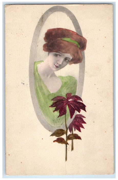 1912 Pretty Woman Handpainted Poinsettia Flowers St. Louis MO Antique Postcard