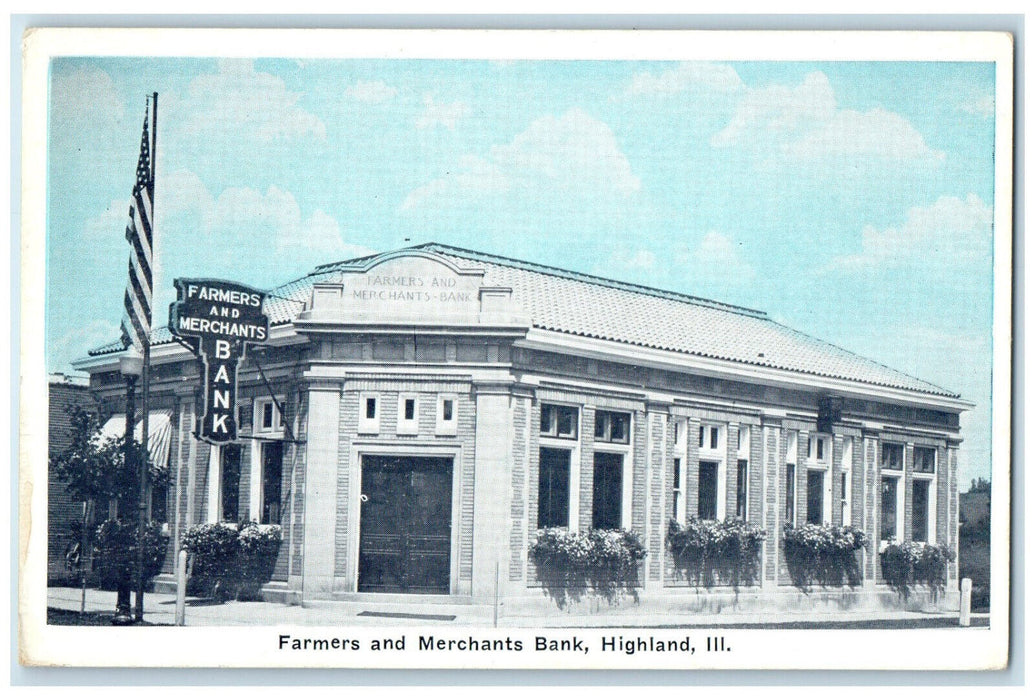 c1930's Farmers and Merchants Bank Highland Illinois IL Vintage Postcard