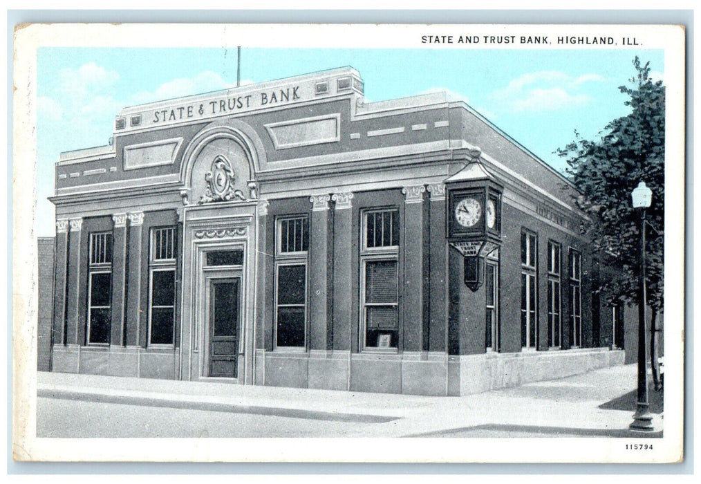 c1930's State and Trust Bank Building Highland Illinois IL Vintage Postcard