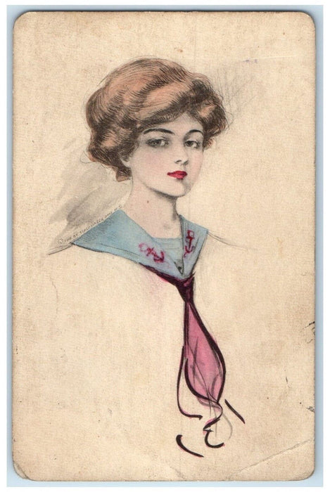 1912 Pretty Woman Curly Hair Handpainted Berlin Pennsylvania PA Antique Postcard