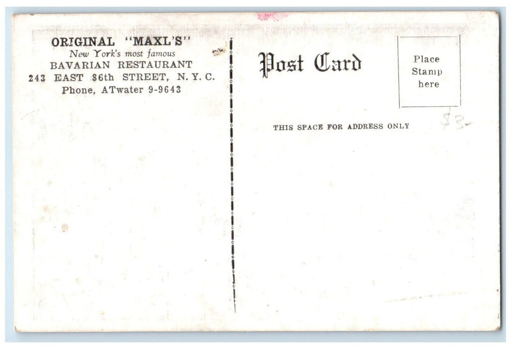 c1940 Original Maxls Bavarian Restaurant Street New York City New York Postcard