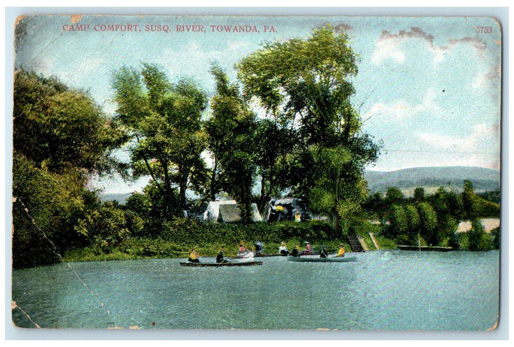 c1910 Camp Comfort Susq. River Towanda Pennsylvania PA Boat Canoeing Postcard