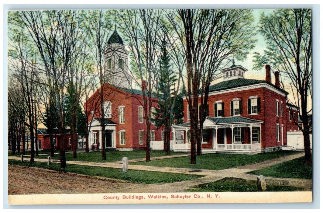 1910 Exterior View County Buildings Street Watkins Schuyler Co New York Postcard