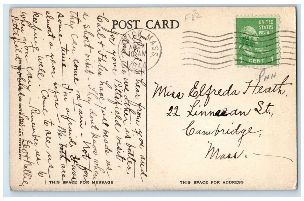 1944 Scenic View Soldiers Monument Common Natick Massachusetts Vintage Postcard