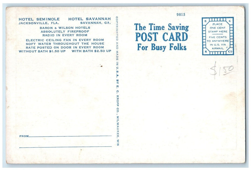 c1940 Hotel Seminole Savannah Georgia Jacksonville Florida Advertising Postcard