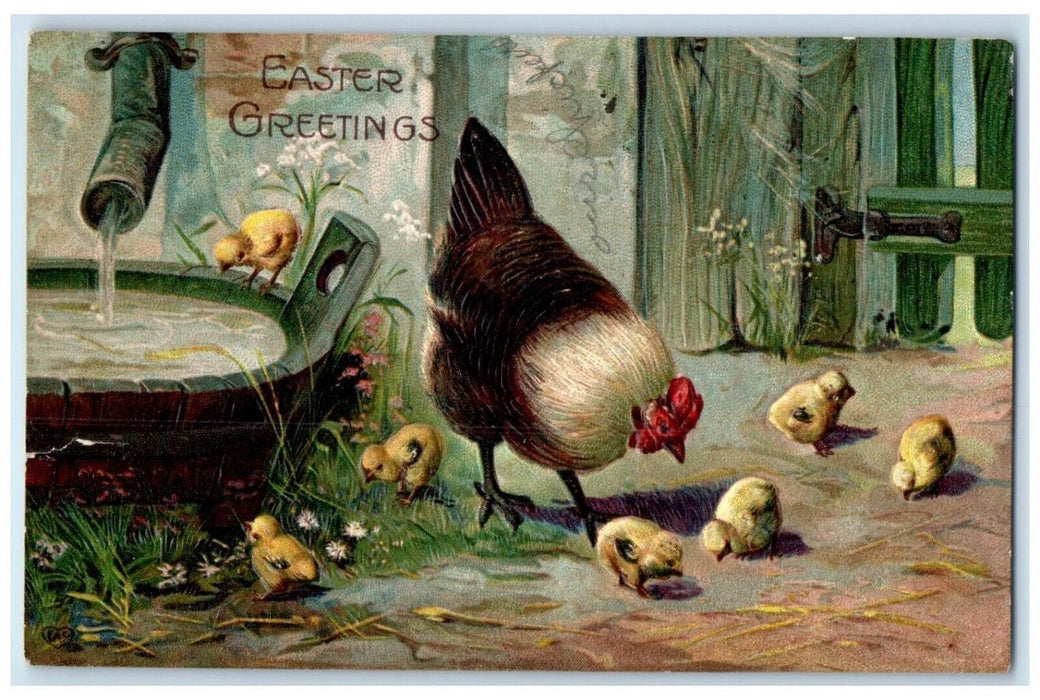 1909 Easter Greetings Chicken Hen Chicks Embossed Champaign IL Antique Postcard