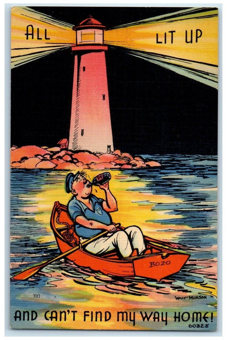 c1910's Drunk Man Boating Lighthouse Can't Find My Way Home  Antique Postcard