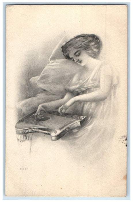 1911 Pretty Woman Playing Lyre Harp Cleveland Ohio OH Posted Antique Postcard