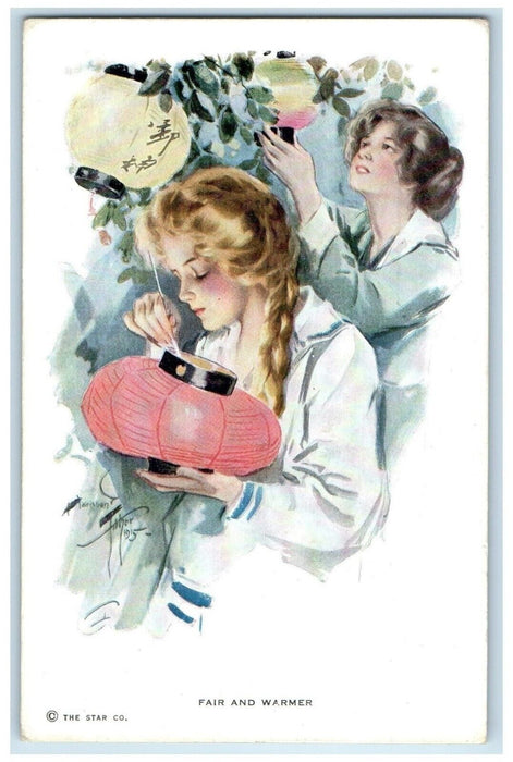 c1910's Pretty Girls Decorating Lanterns Fair And Warmer Antique Postcard