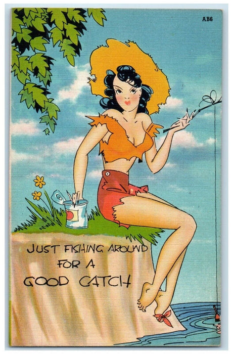 c1910's Greetings From Gaylord Michigan MI, Sexy Woman Fishing Around Postcard