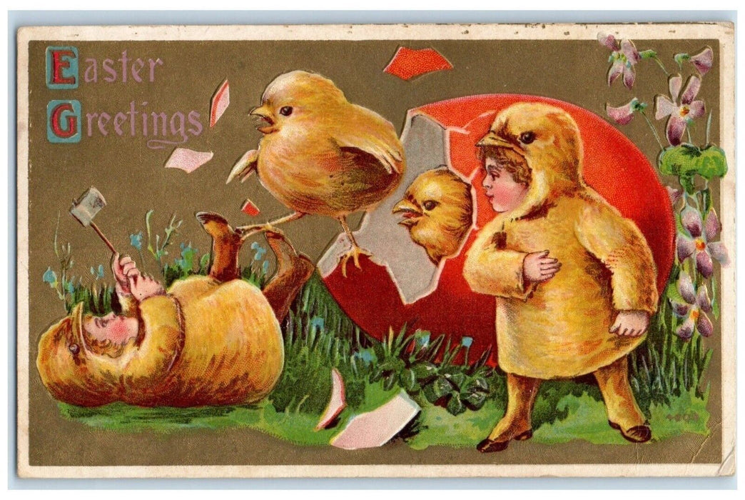 c1910's Easter Greetings Boy Chick Costume Hatched Egg Hatchet Canada Postcard