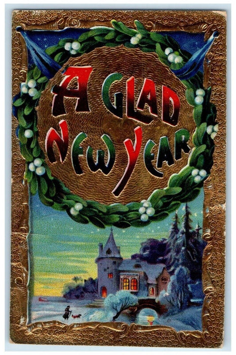 1912 New Year Mistletoe House Church Winter Gel Gold Gilt Hart MI Postcard