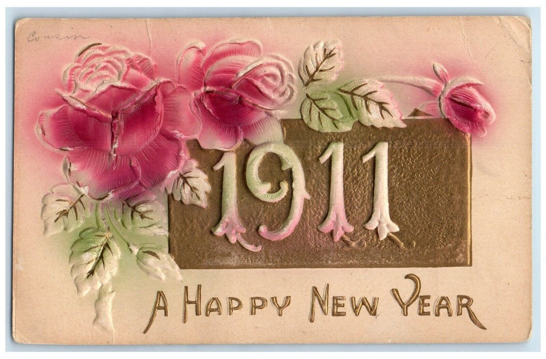 1911 Happy New Year Large Numbers Flowers Airbrushed Blakeley Maine ME Postcard