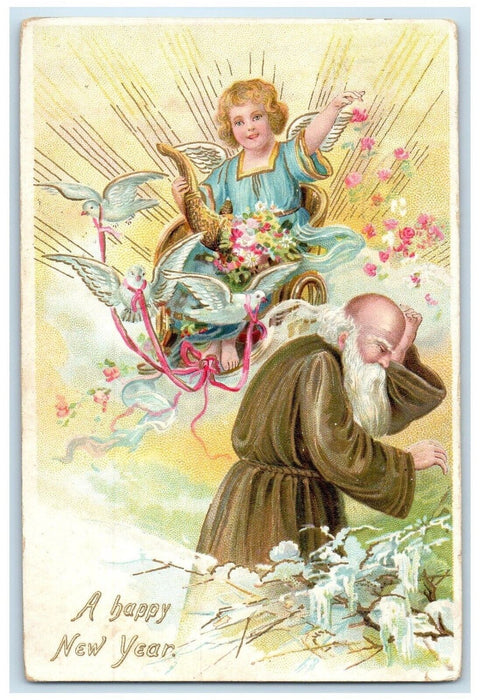 c1910's New Year Father Old Time Angel Cornucopia Dover Flowers Tuck's Postcard