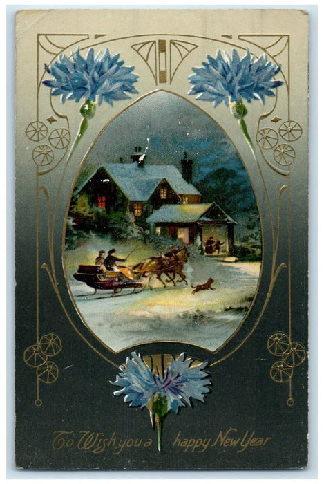 c1910's New Year House Horse Carriage Sleigh Dog Flowers Winsch Back Postcard