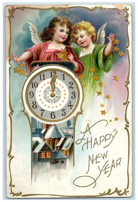 1908 Happy New Year Angels Clock House Winter Embossed Tuck's Antique Postcard