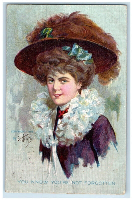 1910 Pretty Woman Curly Hair Big Hat Feathers Bamforth Custer MI Posted Postcard