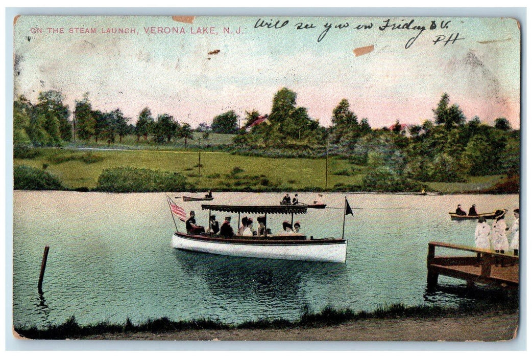 1909 On The Steam Launch Verona Lake Scene New Jersey NJ Posted Vintage Postcard