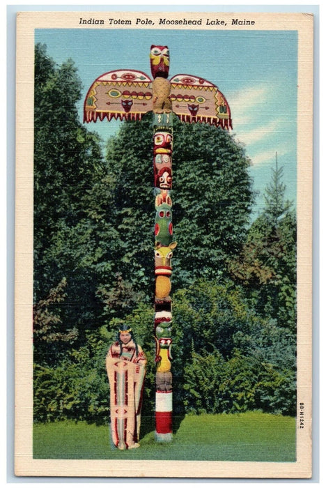 c1940's Indian Totem Pole Scene Moosehead Lake Maine ME Unposted Woman Postcard