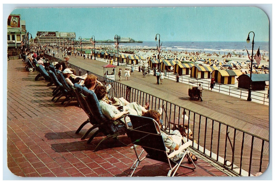 c1950 Overlooking Boardwalk Beach Sun Deck Atlantic City New Jersey NJ Postcard