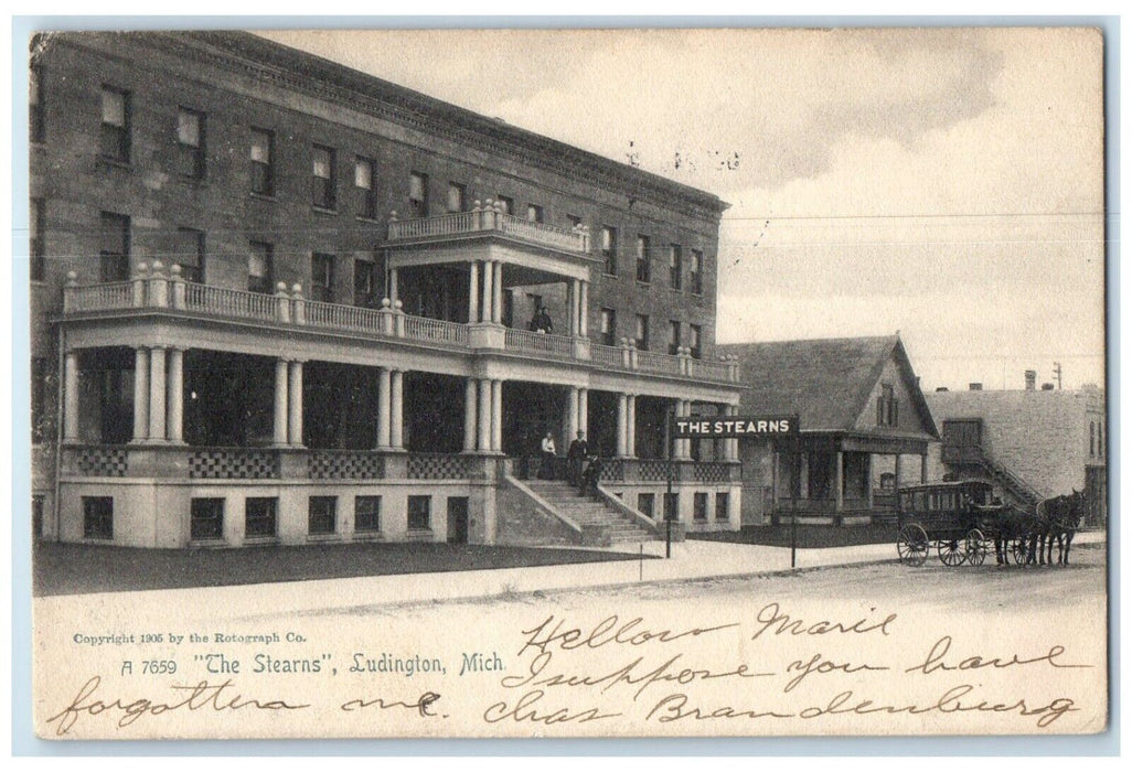c1906 Exterior View Stearns Hotel Horse Carriage Ludington Michigan MI Postcard