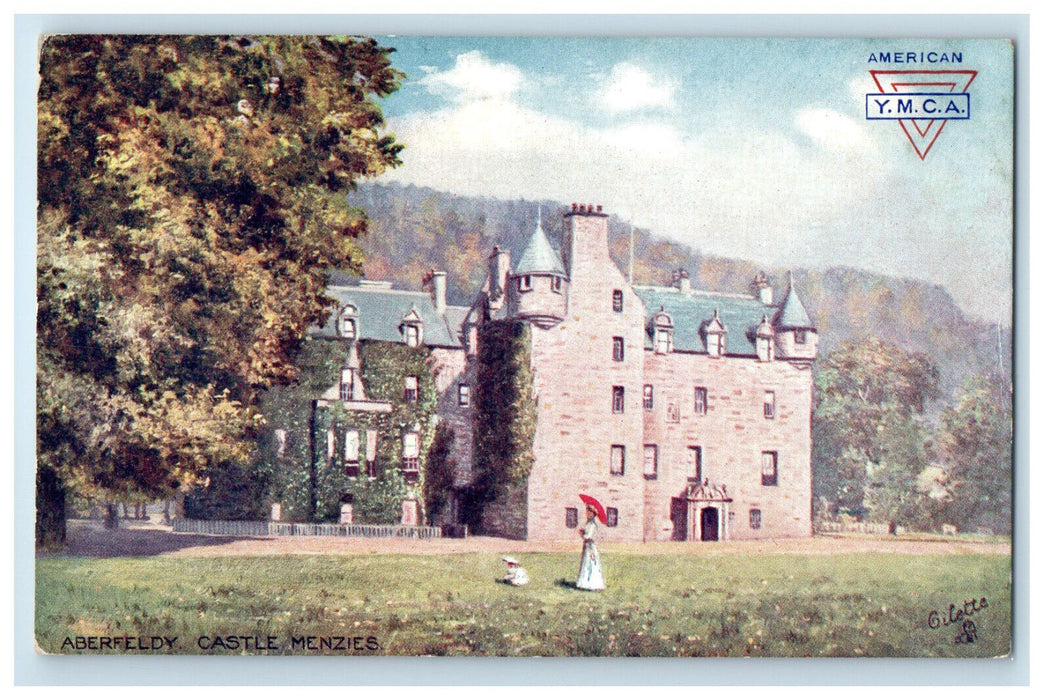 c1910 Woman with Umbrella, Aberfeldy Castle Menzies Oilette Tuck Art Postcard