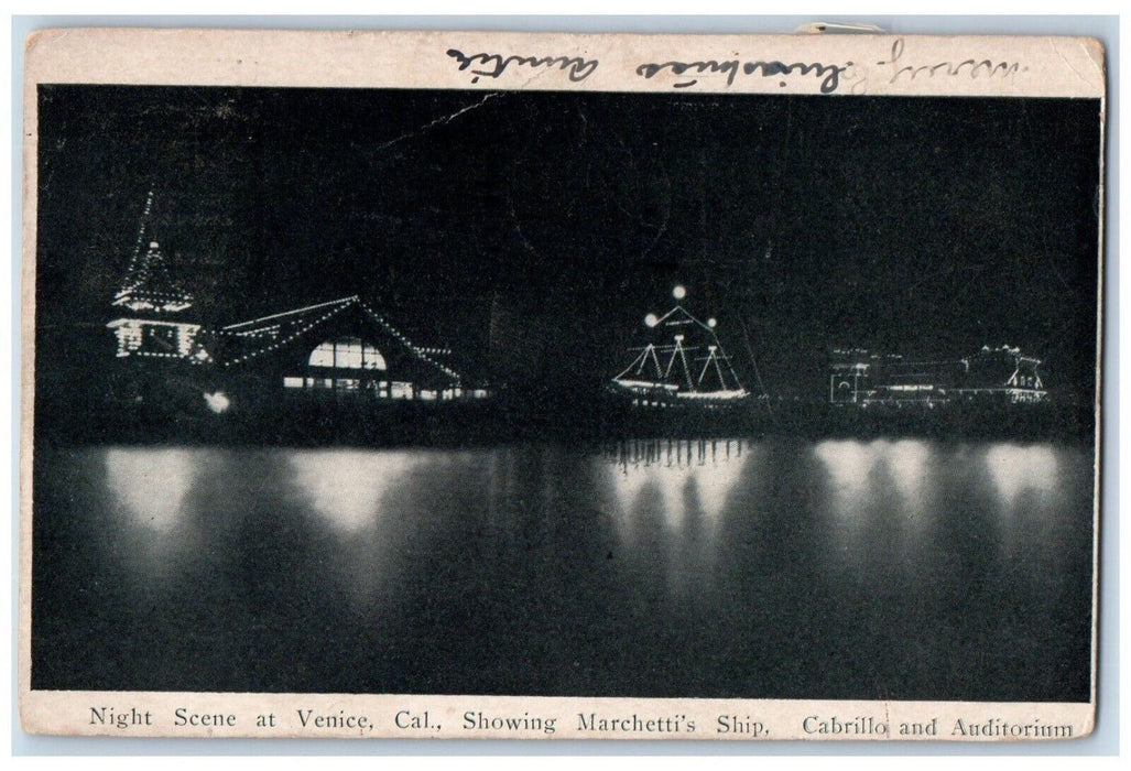 1905 Night Scene Marchetti Ship Cabrillo Auditorium Venice California Postcard